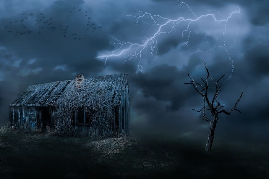 lightning over house and bare tree, old house, leave, dark clouds, HD wallpaper