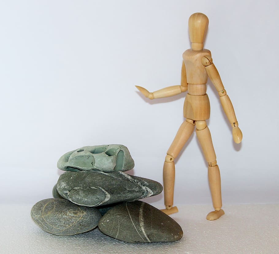 stick figure near pile of stone, holzfigur, resistance, difficulties, HD wallpaper