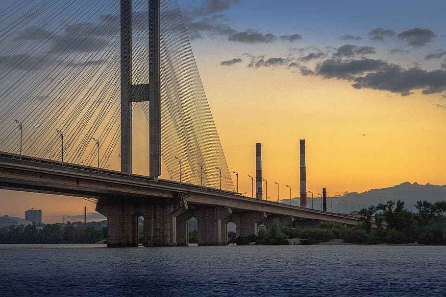bridge over water, hanging bridge during dawn, river, sunset HD wallpaper