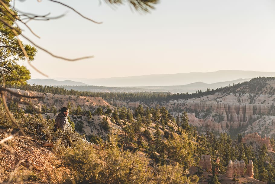 woman on mountain, landscape photography of mountains and trees HD wallpaper