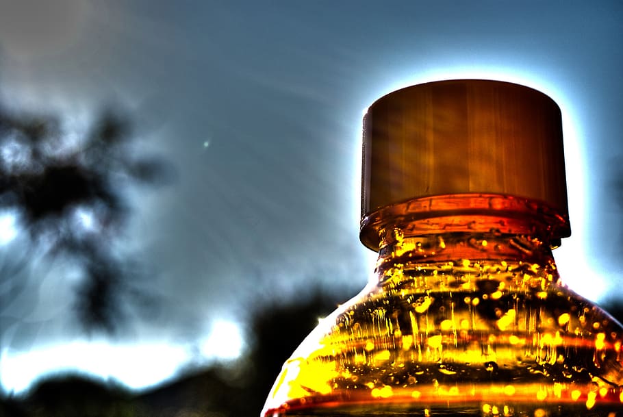 bottle, cap, orange, surreal, lemonade, gaseous, sky, no people HD wallpaper