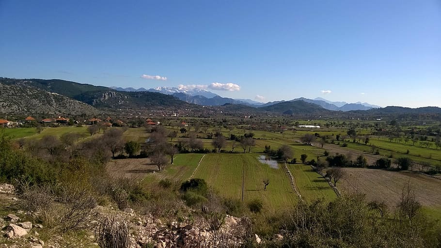 plain, mountain, taurus mountains, village, field, winter, snowy mountains HD wallpaper