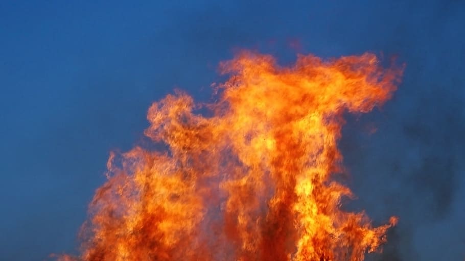 fire, flame, brand, hot, blaze, burn, sky, blue, flame of fire HD wallpaper