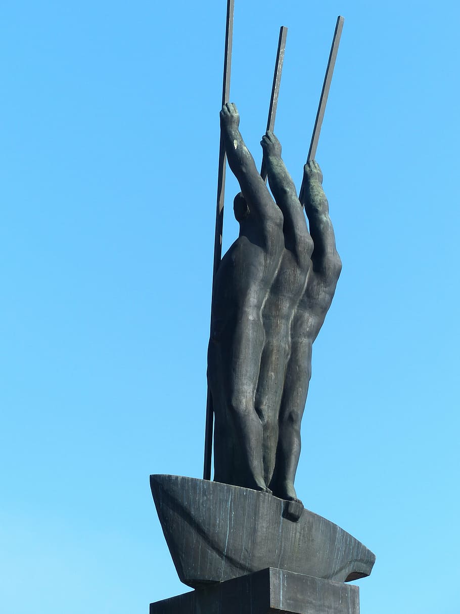 monument, bronze, statue, boot, rowing, paddle, three men in a boat HD wallpaper