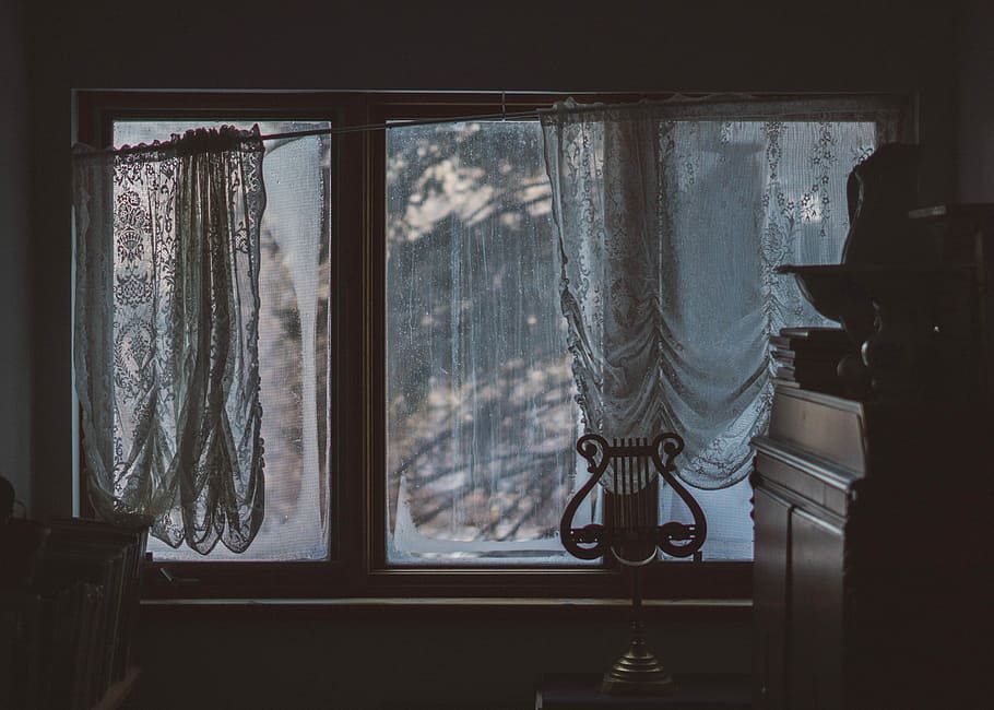 glass window with black frame, white lace window curtain beside white wooden framed glass window HD wallpaper