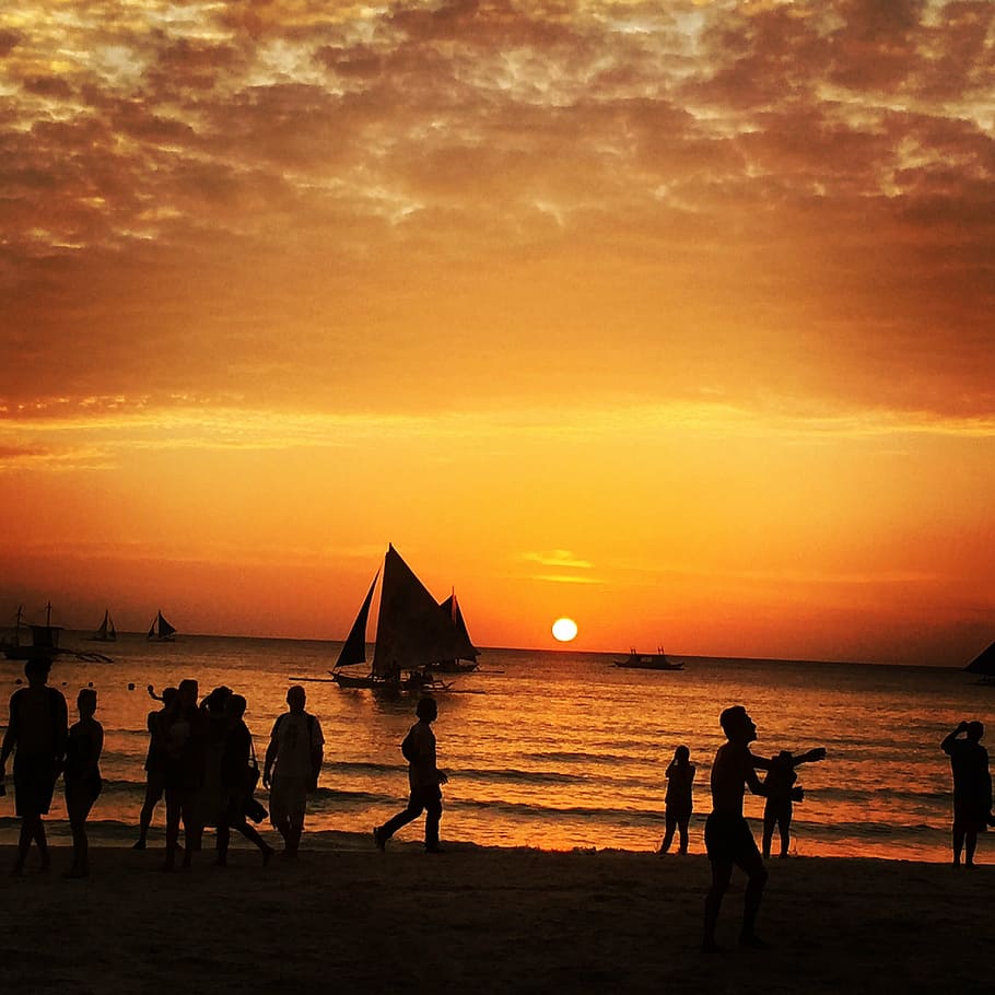 boracay, philippines, sunset, sailing, orange sky, group of people HD wallpaper