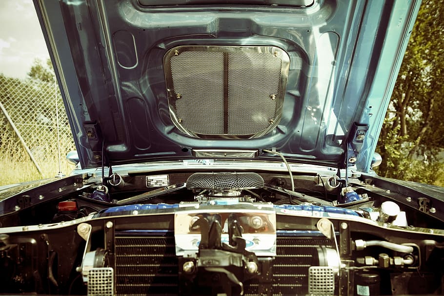 open hood vehicle engine, black vehicle part, car, motor, mode of transportation HD wallpaper