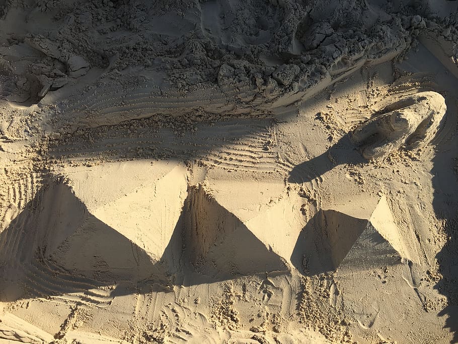 pyramids, beach, sea, sand, sphinx, land, sunlight, nature HD wallpaper