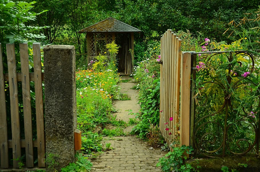 brown wooden gate open surrounded garden flower, garden door