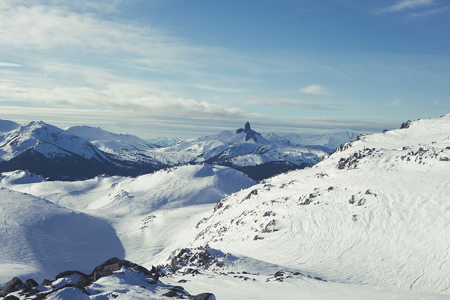 mountain covered with snow under blue sky, mountain range with snow HD wallpaper