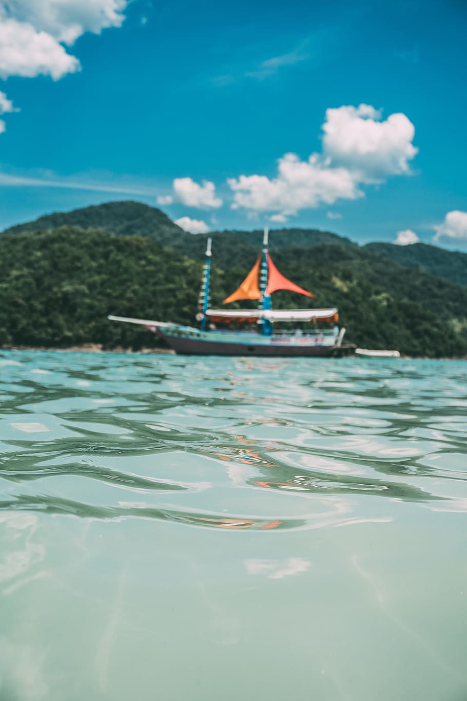 sea, landscape, sky, water, blue sky, boat, clouds, daylight HD wallpaper