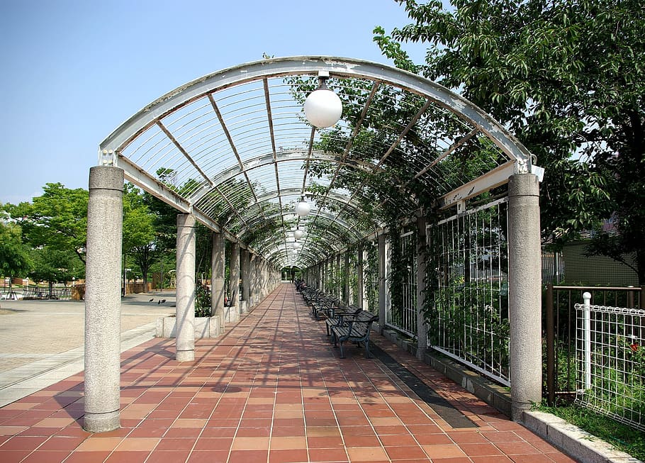walkway, covered, perspective, path, structure, tile, concrete HD wallpaper