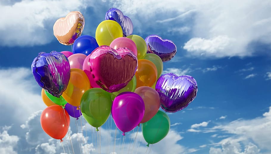assorted balloon under cloudy sky, balls, balloons, rubber, plastic