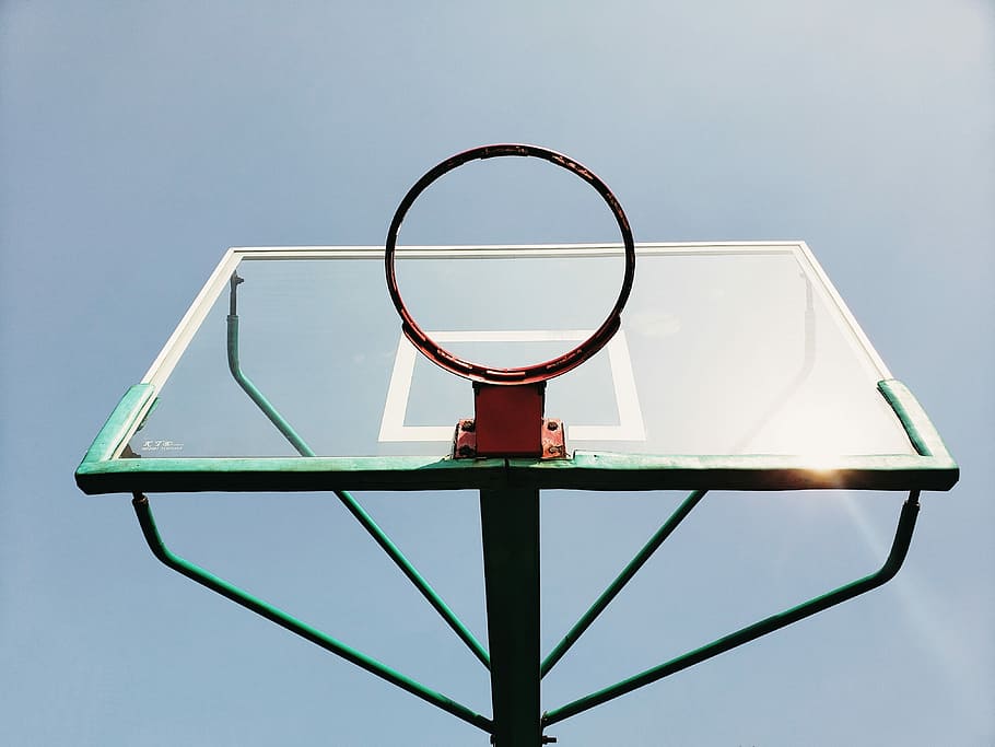 low-angle photography of green and red basketball system at daytime, hoop, basketball, light, green, red, backboard, HD wallpaper