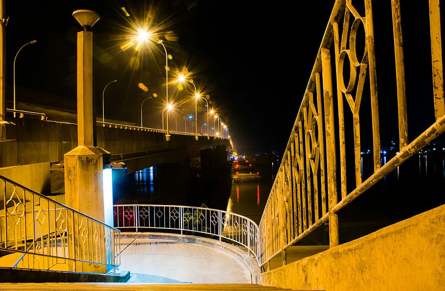 bridge, night, light, water, illuminated, architecture, bridge - man made structure HD wallpaper