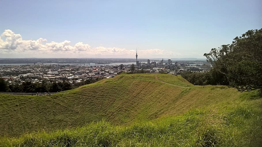 crater, volcano, grass, mountain, green, new zealand, auckland HD wallpaper