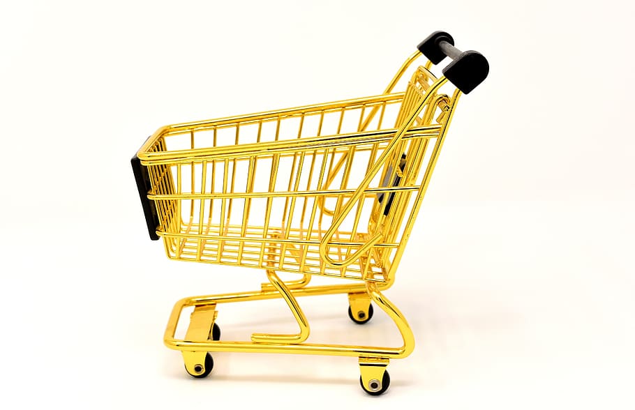 gold shopping cart placed on white floor, purchasing, candy, trolley, HD wallpaper