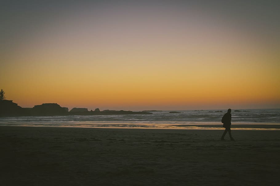 sunset, beach, sand, shore, waves, ocean, sea, guy, man, walking HD wallpaper