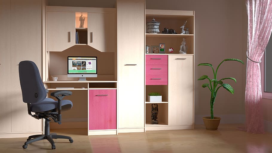 black rolling armchair near wooden hutch computer desk, computer room HD wallpaper