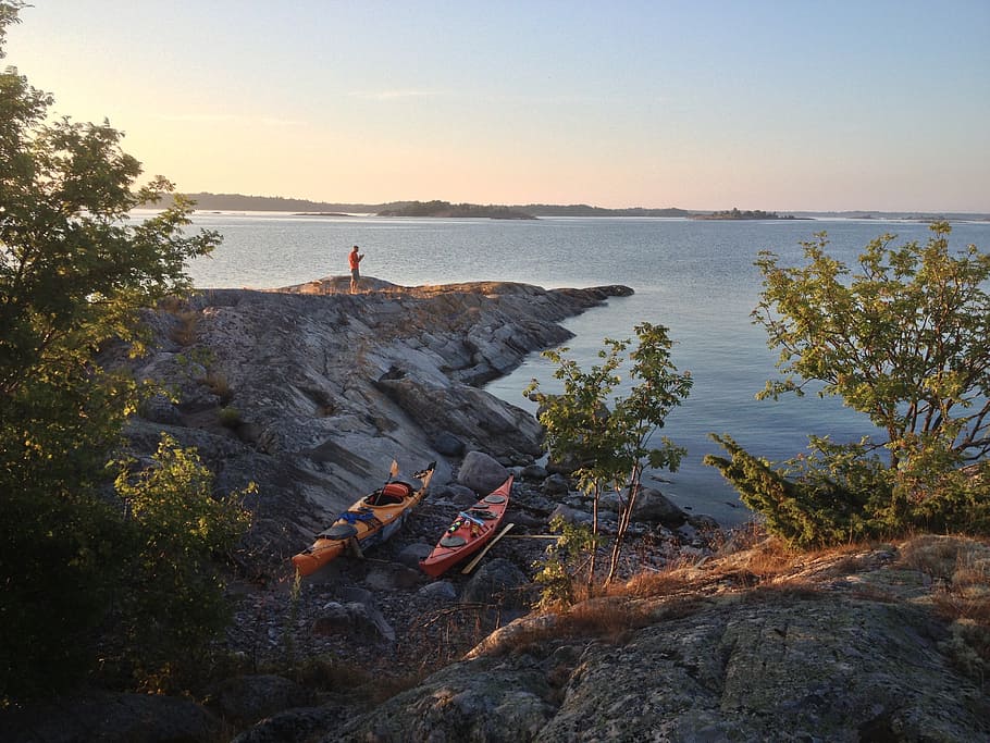 kayak, sea, sunset, water, sky, rock, rock - object, solid HD wallpaper