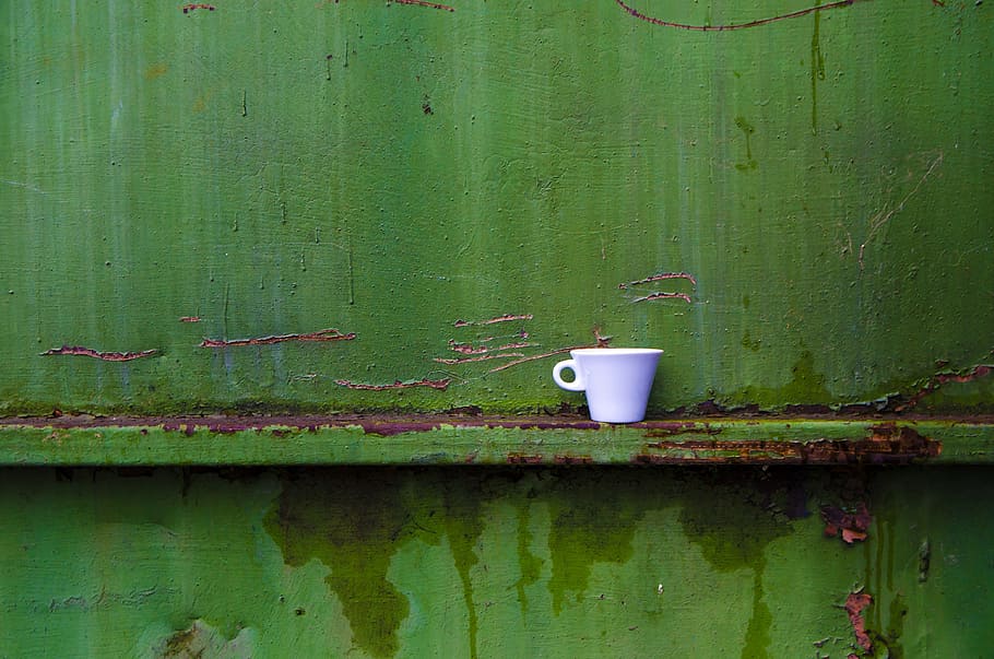 white ceramic teacup on shelf, Minimal, Coffee Time, green, design, HD wallpaper