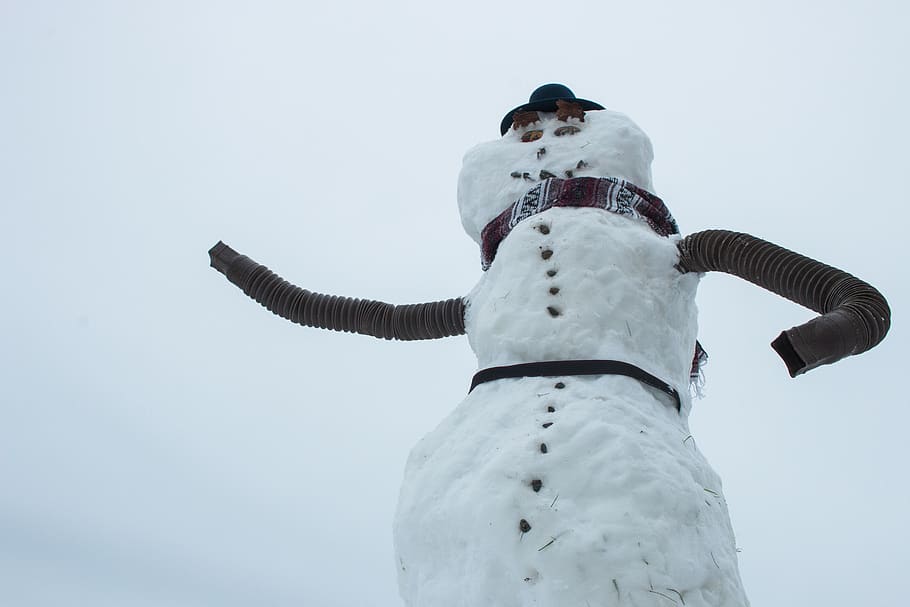 snowman, winter, cold temperature, sky, warm clothing, nature HD wallpaper