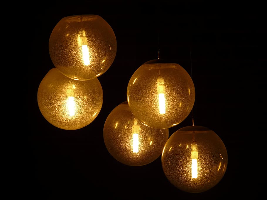 five lighted pendant lamps, lighting, night, hell, spotlight HD wallpaper