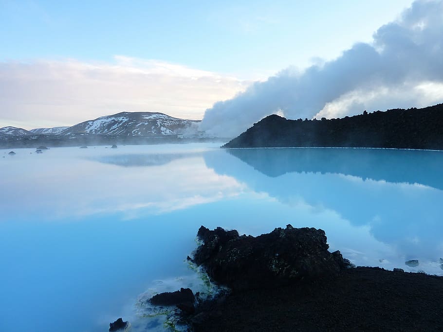 beach, blue lagoon, clouds, dawn, fog, iceland, island, lake HD wallpaper