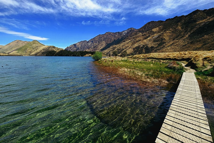 mountains near body of water under blue sky, waters, nature HD wallpaper