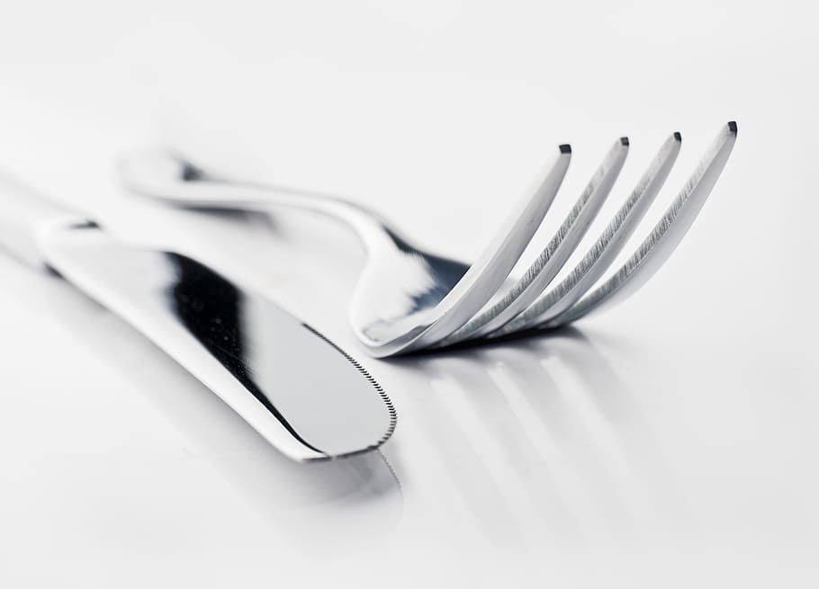 close up photo of gray fork and bread knife, knife and fork, table, HD wallpaper