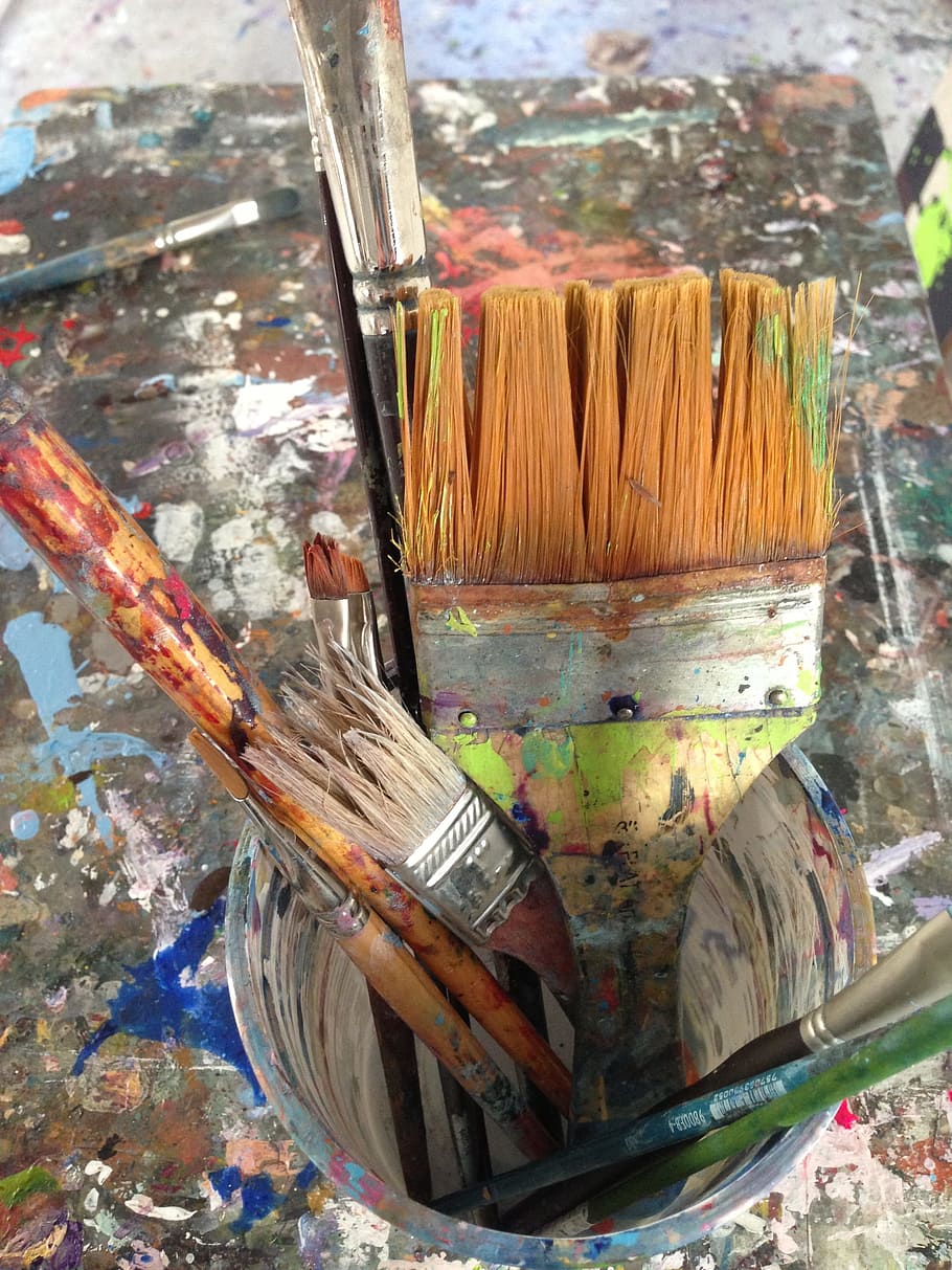 assorted paint brushes in plastic pail, creativity, colorful HD wallpaper