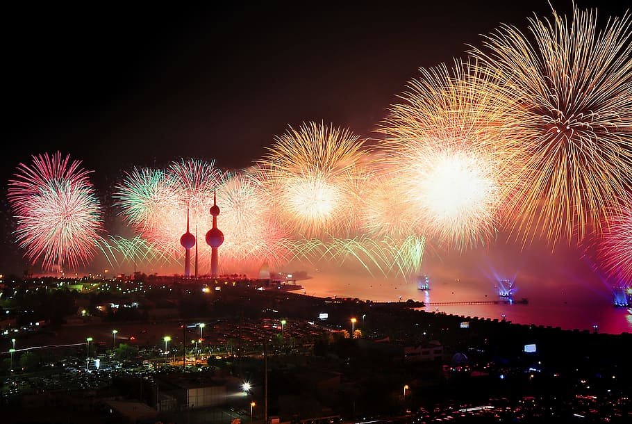 fireworks display during daytime, kuwait, lights, pyrotechnics