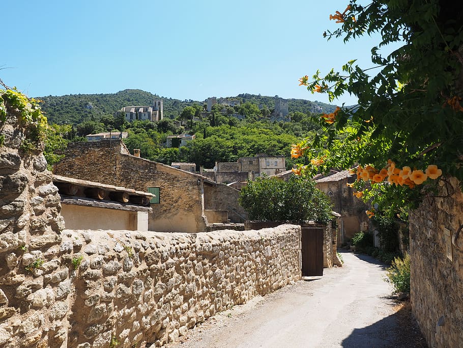 road, stone walls, village, france, provence, oppede-le-vieux, HD wallpaper