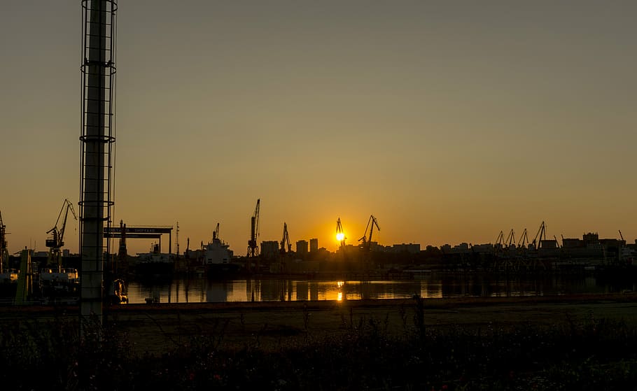 sunset, port, ships, industrial, evening, area, sky, industry HD wallpaper