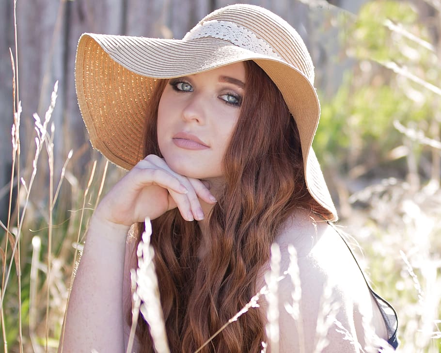 woman wearing brown sun hat, summer, nature, beautiful, fashion, HD wallpaper