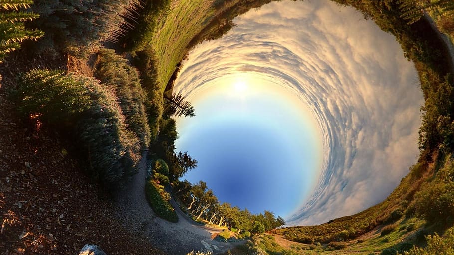 fish-eye lens photography of green grass field and clouds at daytime HD wallpaper