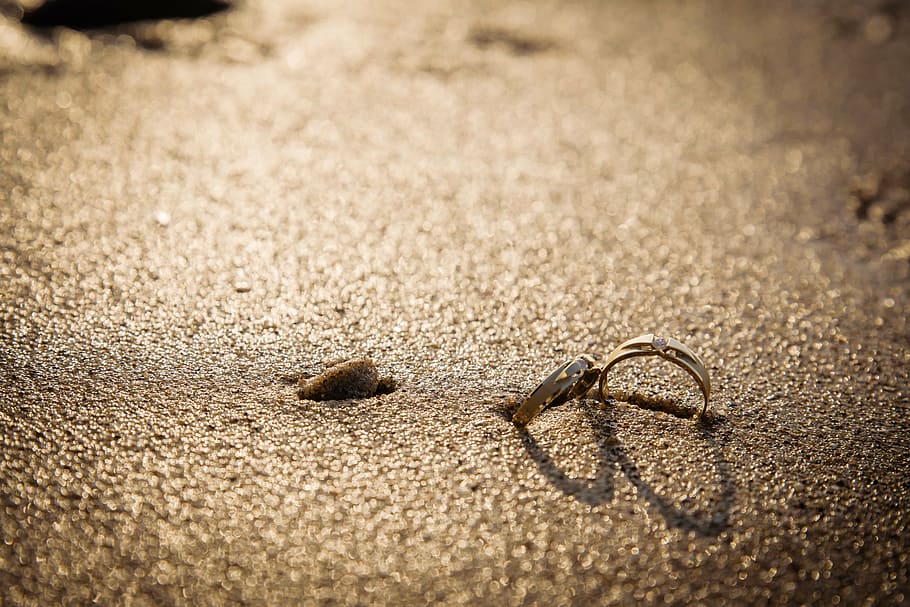 silver-colored couple rings on gray ground, coupling, love HD wallpaper