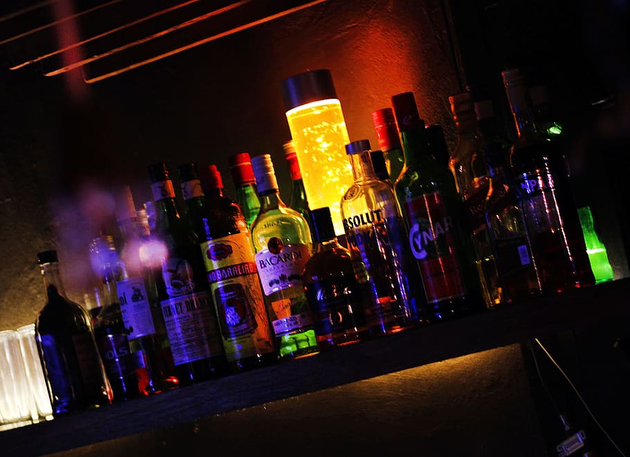 liquor bottles on shelf, bar, drinks, alcohol, restaurant, pub
