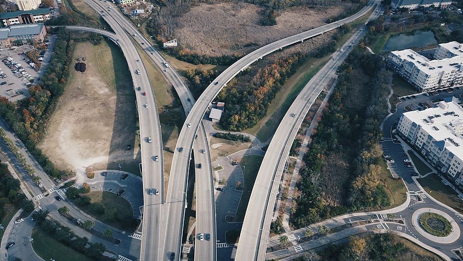 aerial photography of cars on concrete road during daytime, aerial shot of roads HD wallpaper