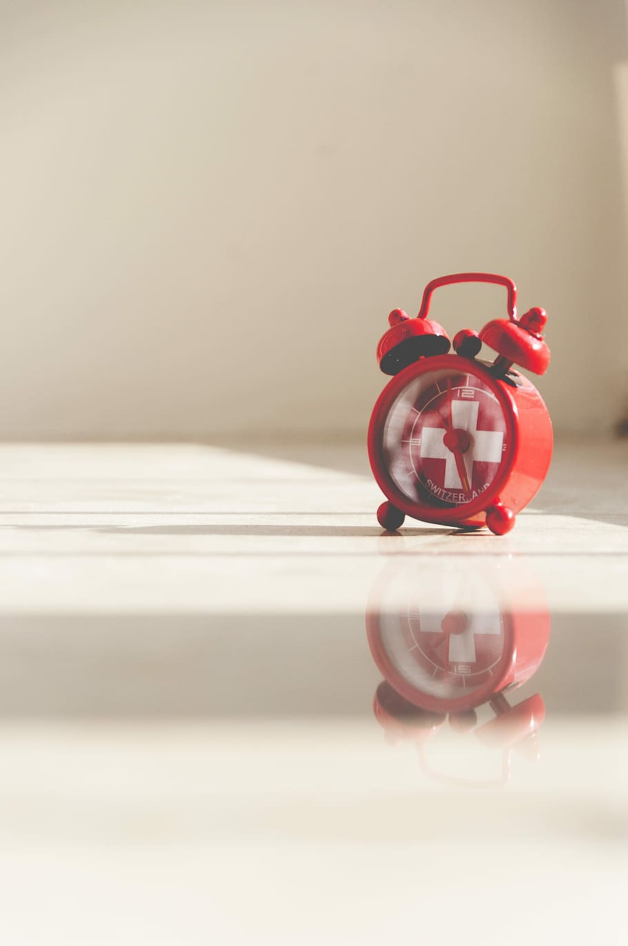 red twin bell alarm clock, red alarm clock, swiss, time, home HD wallpaper