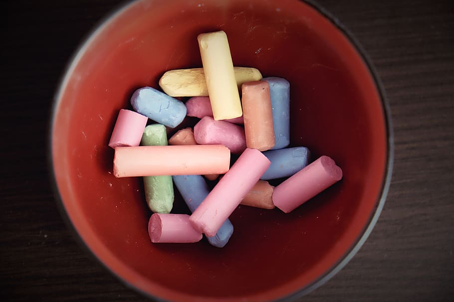 assorted-color chalks on red bowl, colored chalk, drawing, fun HD wallpaper