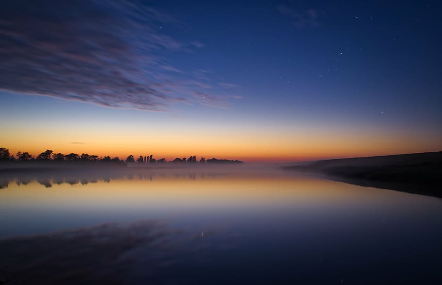 body of water during the horizon, night, lake, landscape, reflection HD wallpaper