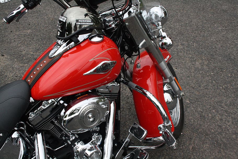 red and silver motorcycle on brown floor, harley davidson, usa HD wallpaper