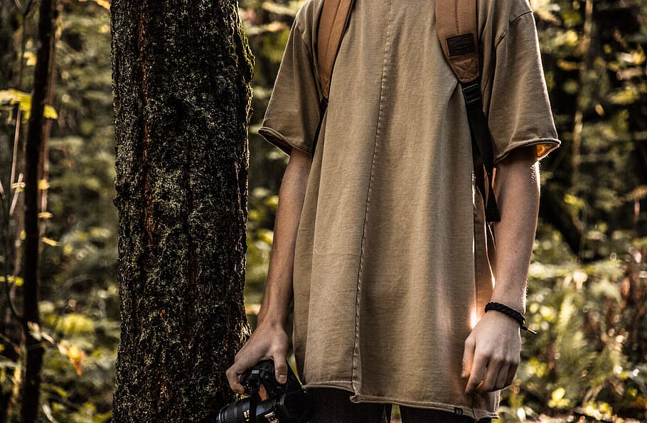 Person In Shirt Holding DSLR Camera, backpack, boy, clothing HD wallpaper