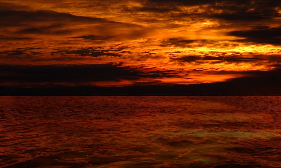 sunset, afterglow, landscape, back light, evening sky, clouds HD wallpaper