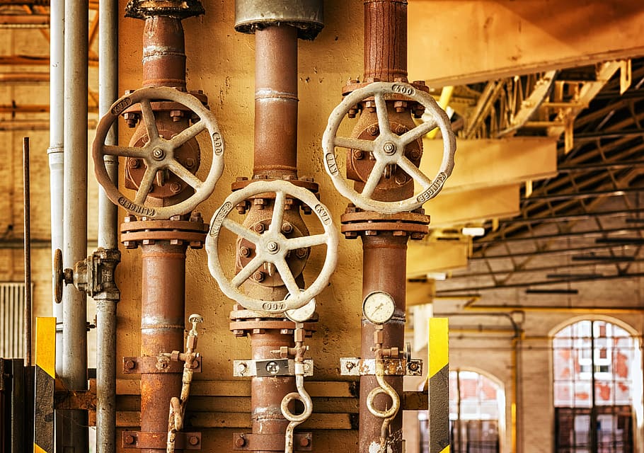 three brown steel valves, wheel, heating, line, turn, industry