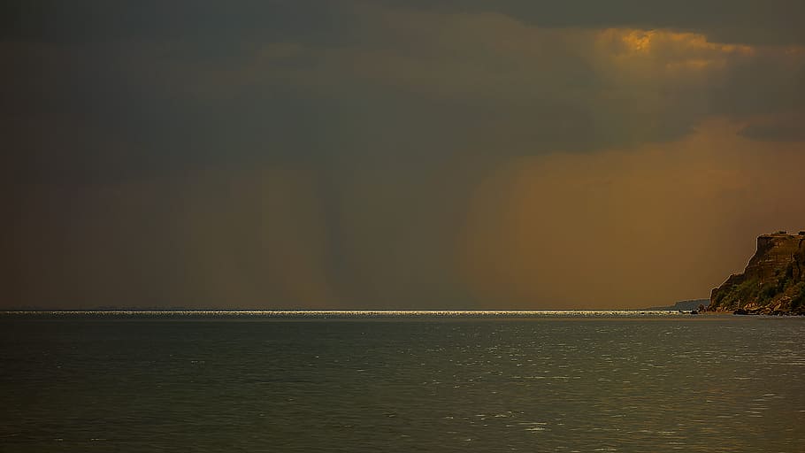 Rock, Sea, Clouds, Rays, nature, water, coastline, scenics HD wallpaper