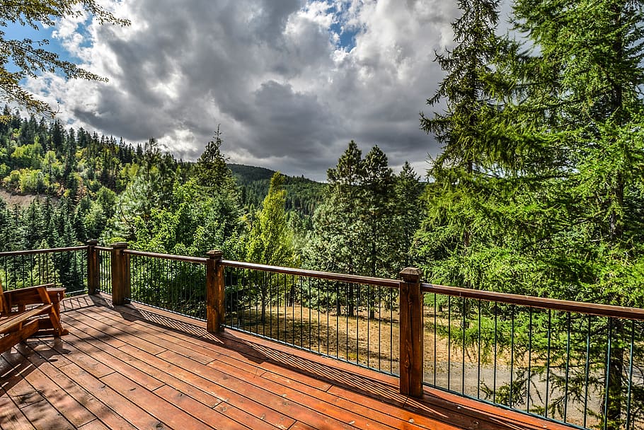 mountains, storm, clouds, deck, wood, log, rural, rustic, forest HD wallpaper