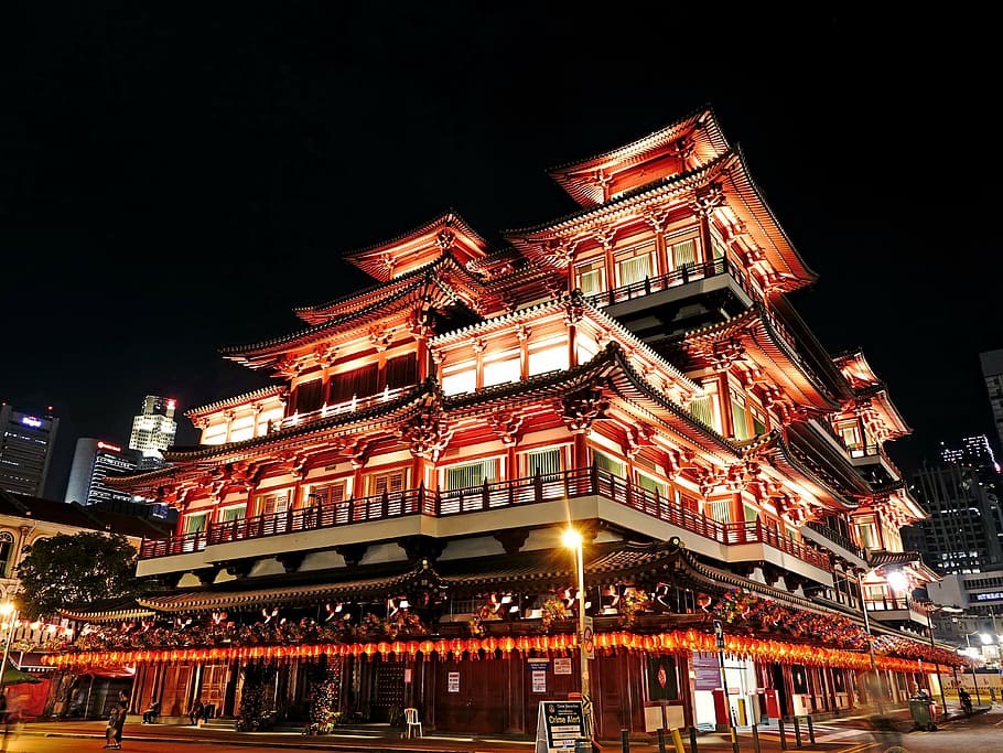 brown wooden temple with lights, buddha tooth relic temple, singapore