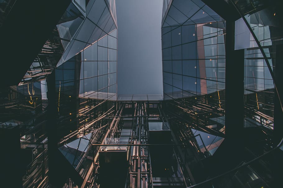 low angle photography of mirrored building, worm's eye view, sky HD wallpaper